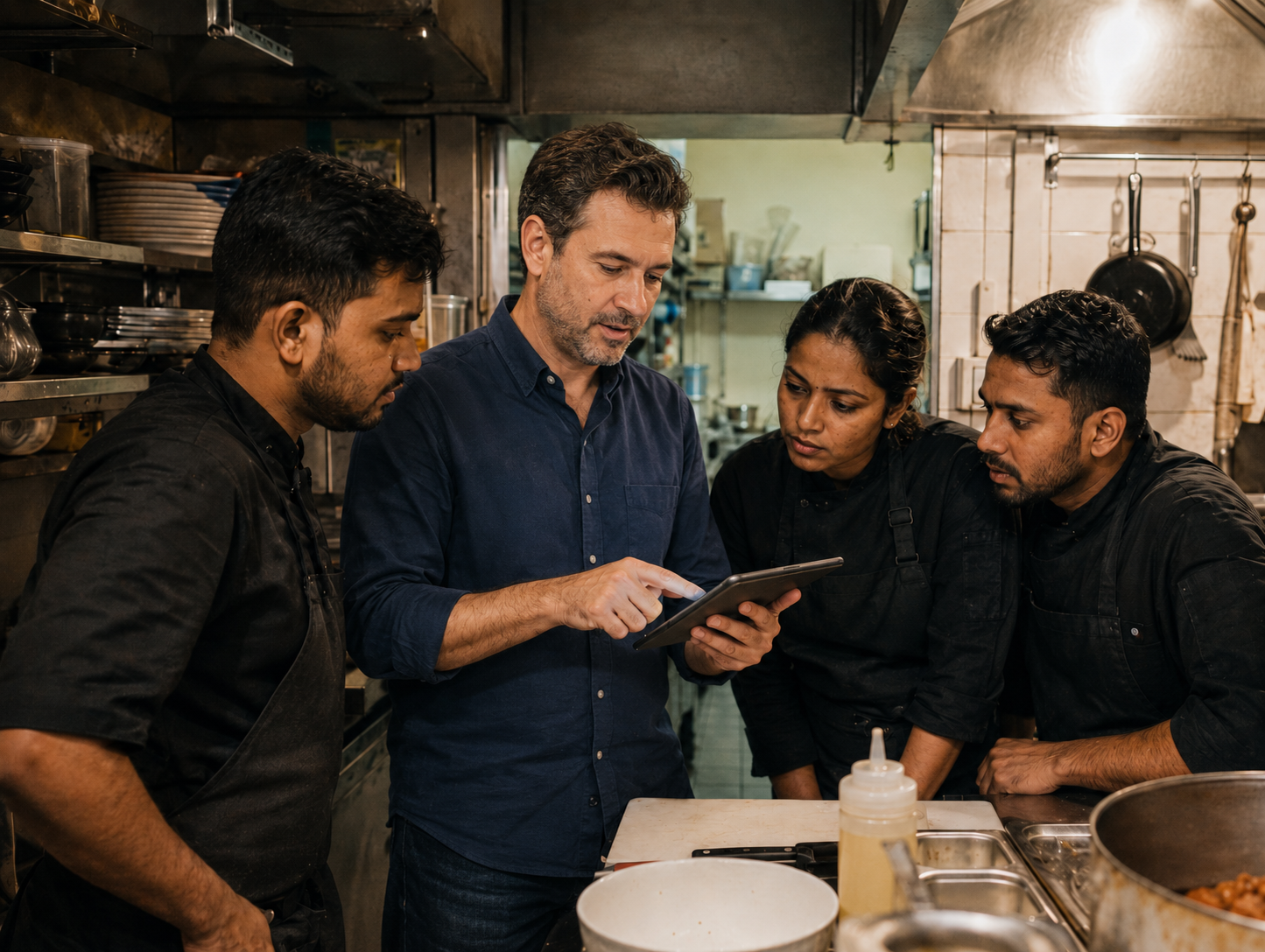 Équipe de cuisine réunie autour d'une tablette pour un point opérationnel