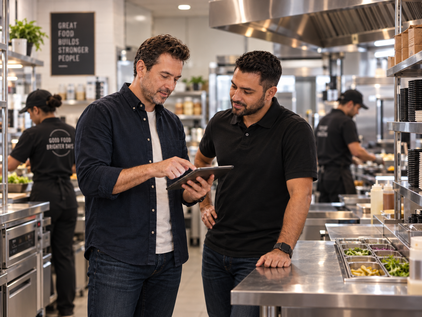 Deux responsables passant en revue les performances de leur restaurant sur une tablette, en cuisine